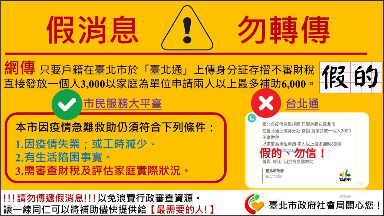 澄清LINE訊息 傳「使用台北通上傳資料即可拿補助」一事...