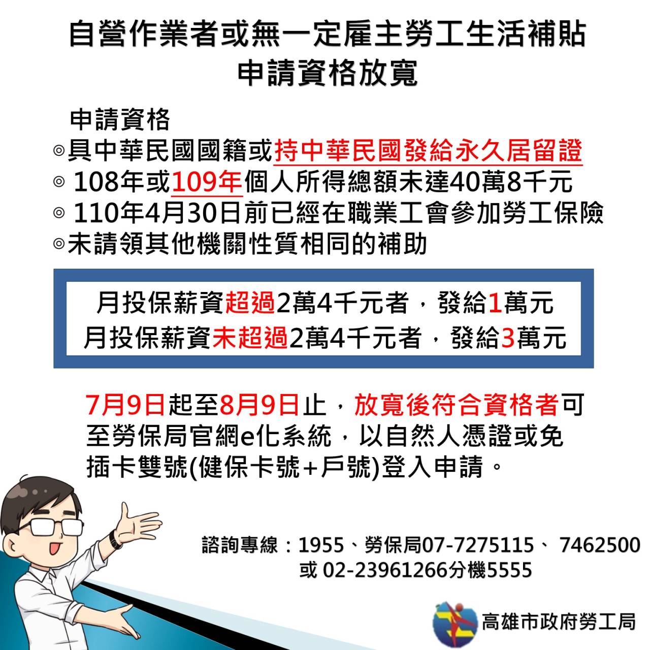 「職業工會自營作業及無一定雇主勞工生活補助」申請資格...