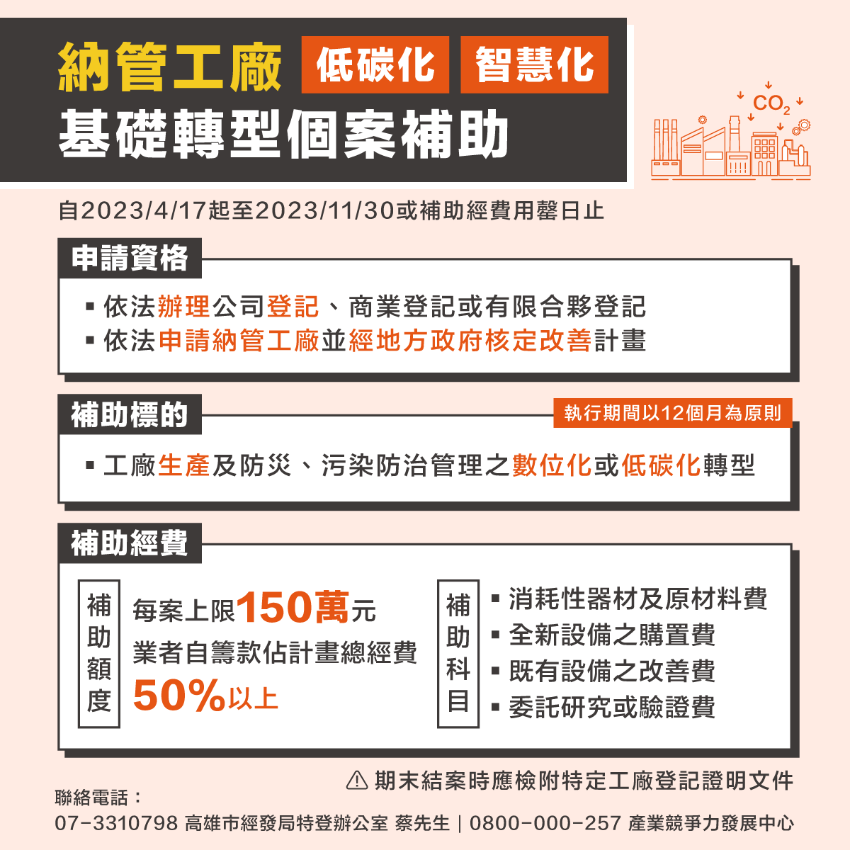 高市府協助在地工廠申請製造業低碳及智慧化升級轉型補助 最高補助500萬