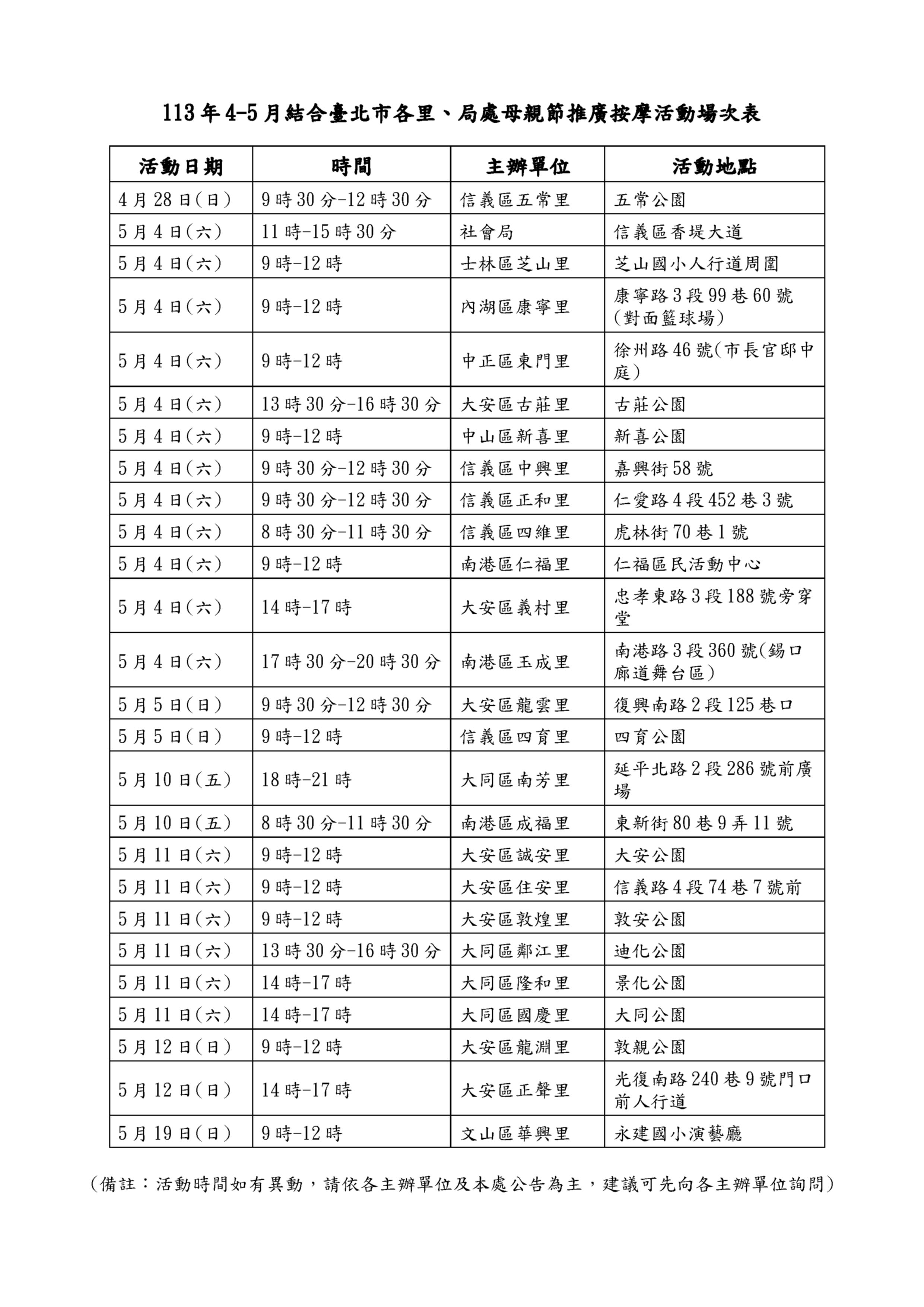 母親節呵護媽媽　免費舒壓按摩25里舉辦