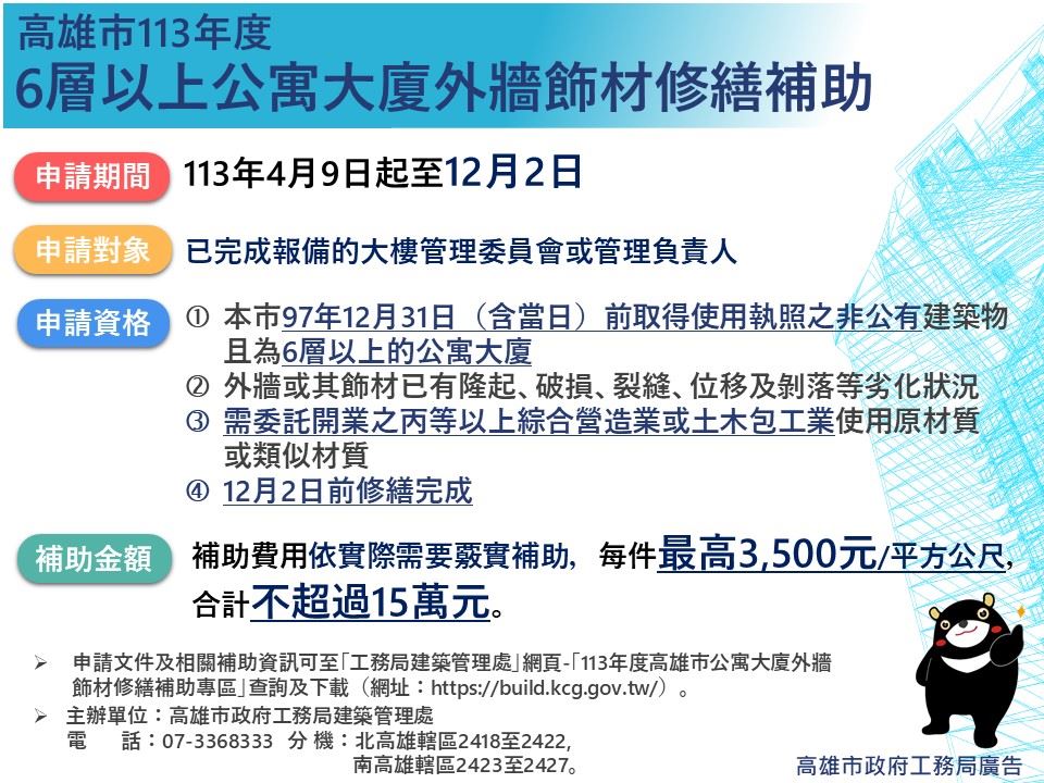 高雄6層以上公寓大廈外牆飾材修繕補助    最高補助15萬