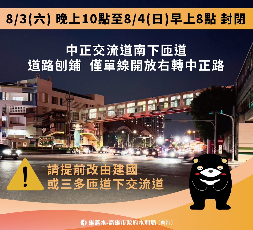 中正交流道路面刨鋪   8/3晚間22時起至8/4早晨8時西側南下...