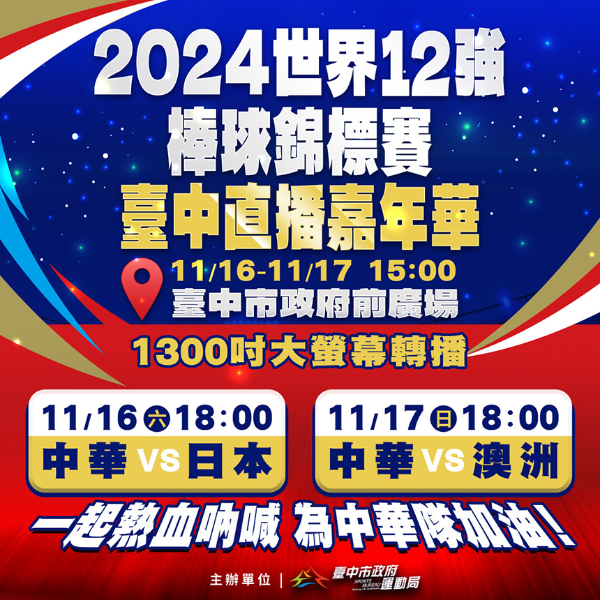 世界12強棒球錦標賽將開打  中市府兩廣場直播為中華加油