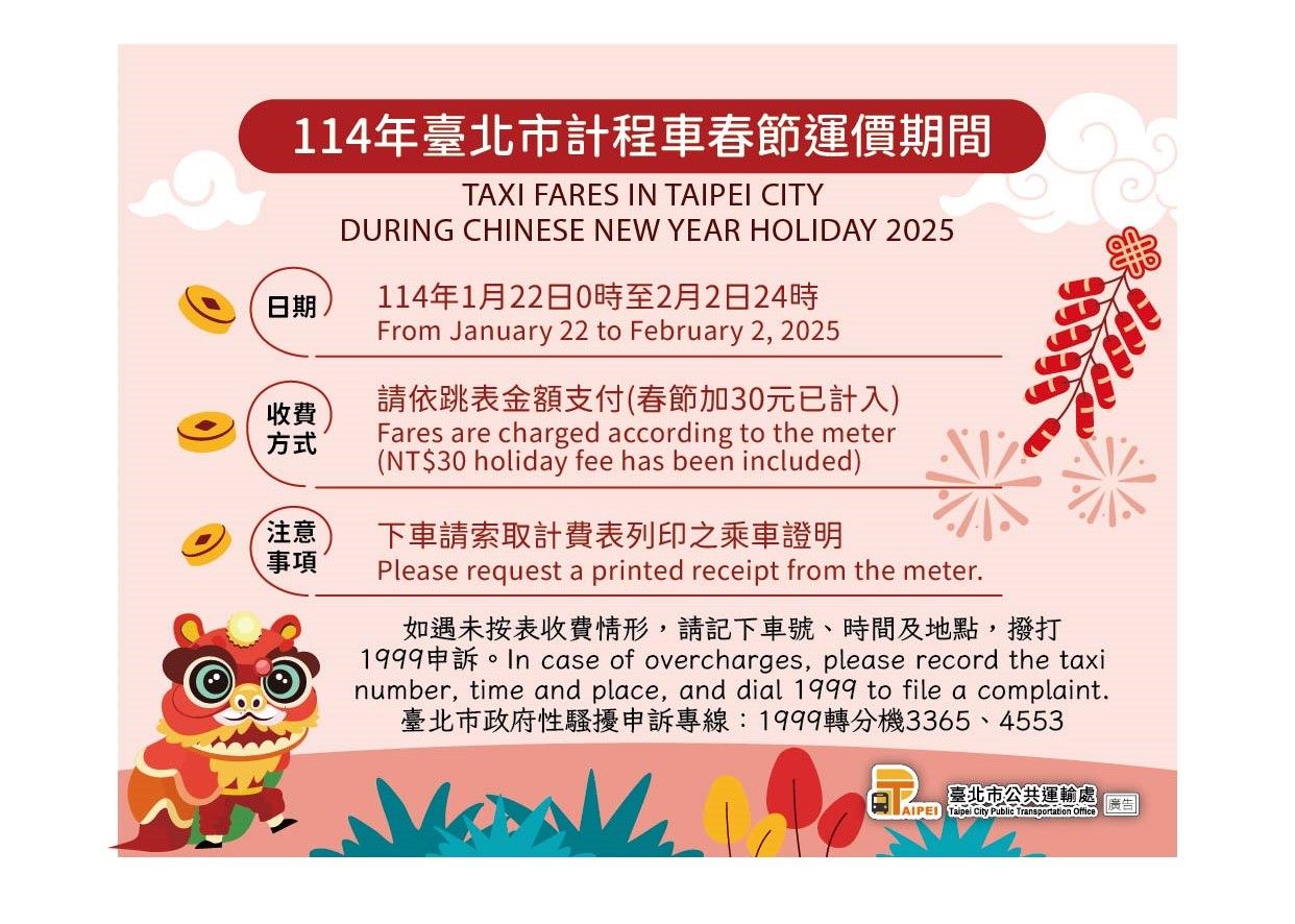 臺北市計程車實施春節加成   一律照表收費...