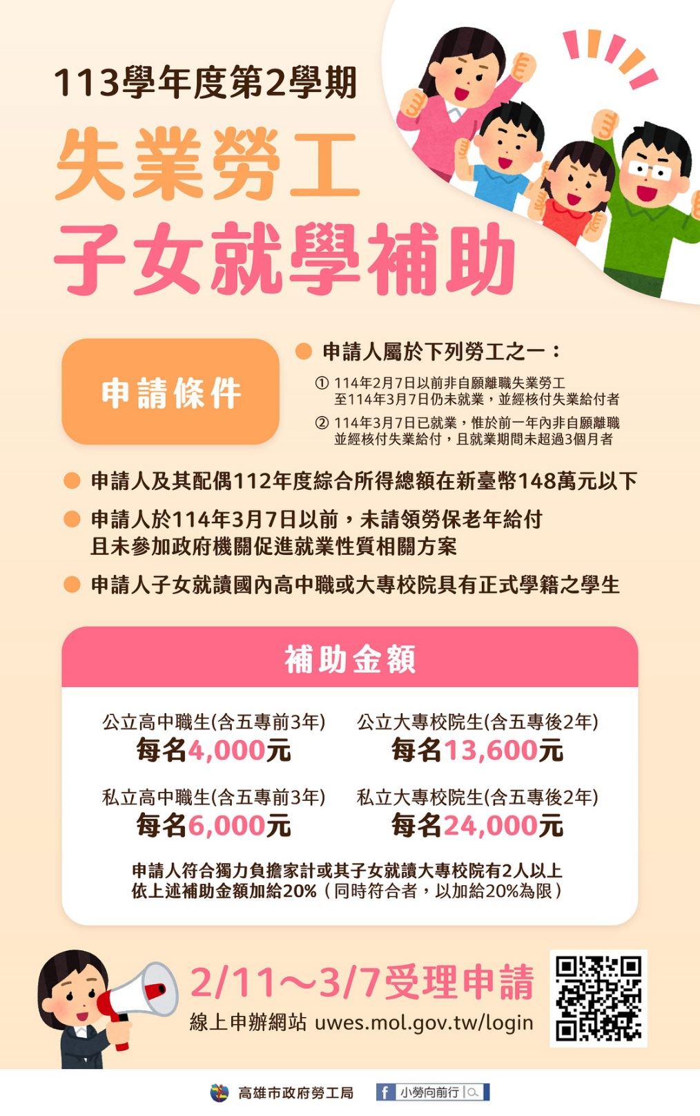 高雄「失業勞工子女就學補助」開始受理申請...