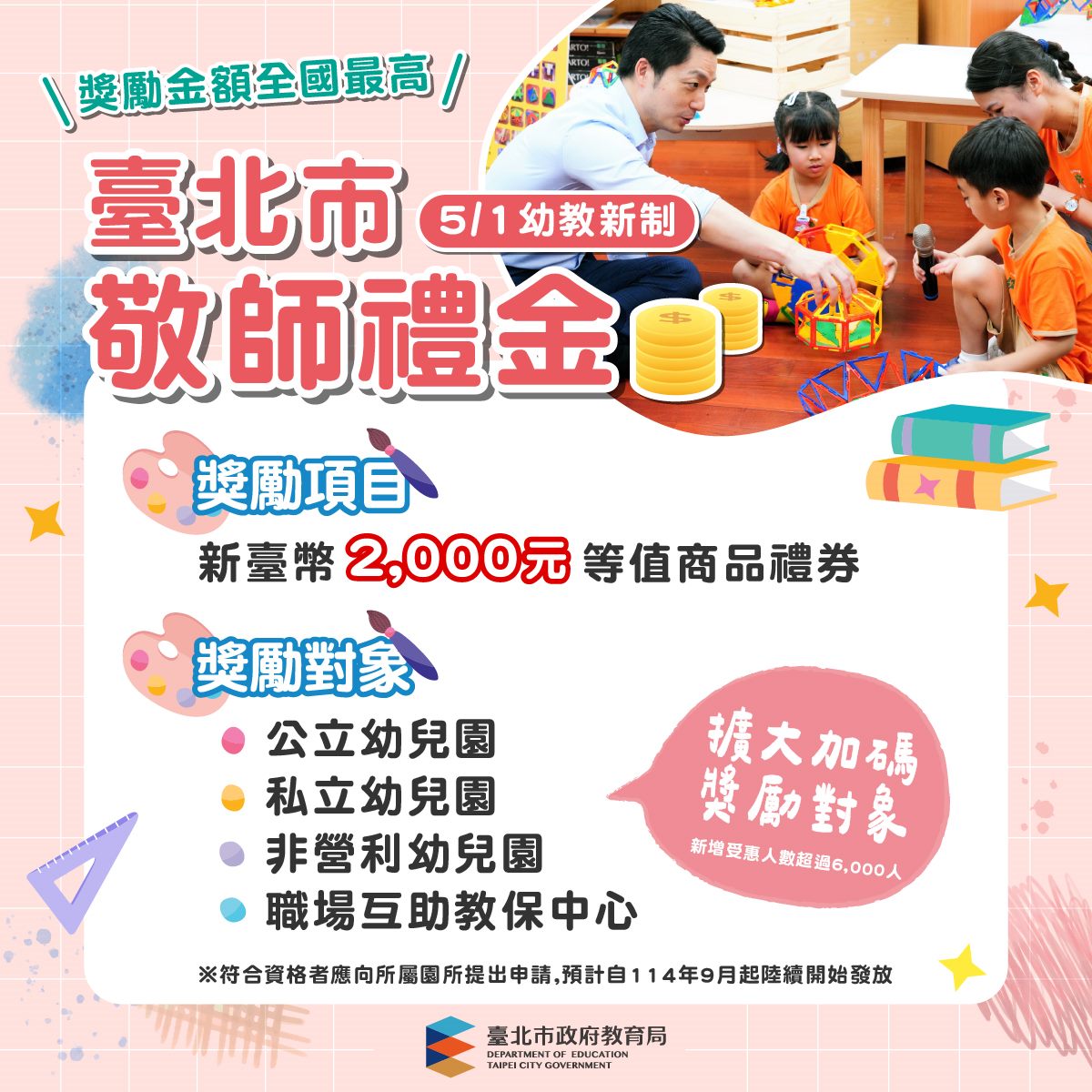 臺北市敬師禮金獎勵金額全國最高    114年起擴大補助私幼教...
