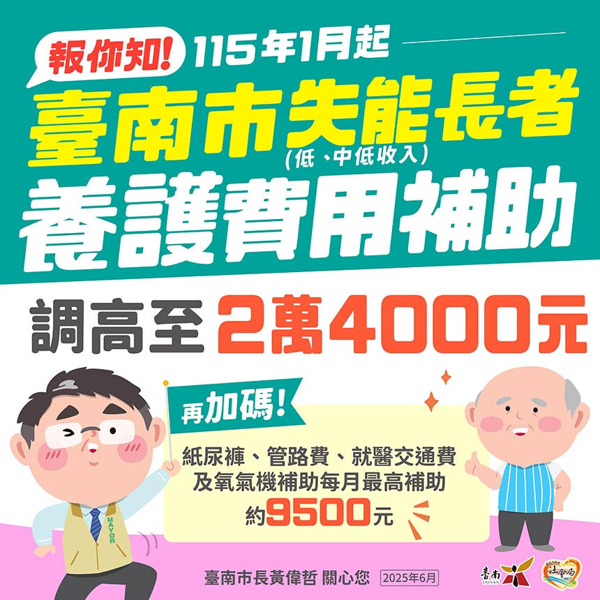 南市布建普及長照服務  宣布調升低收及中低失能養護費補...