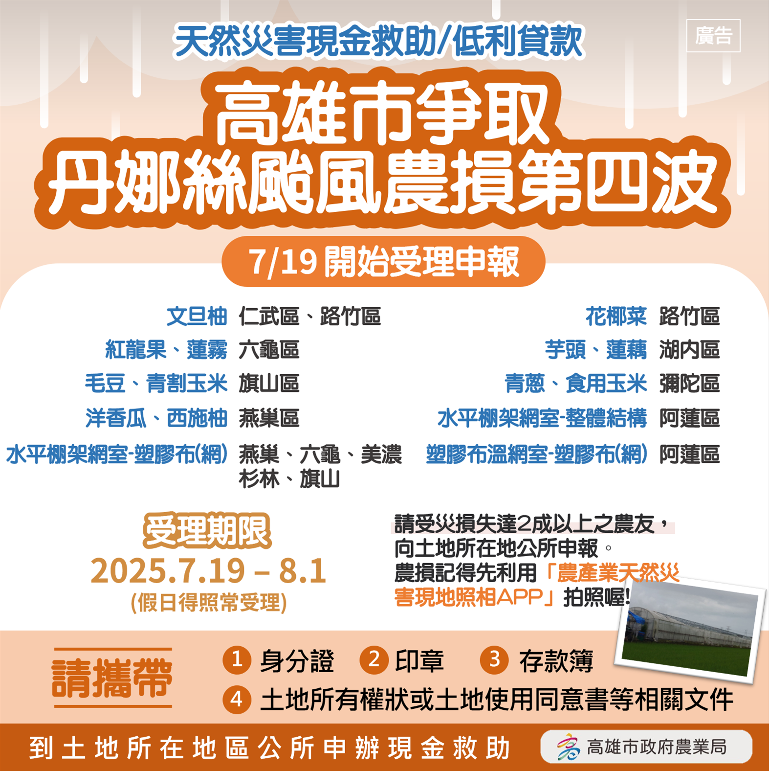 丹娜絲颱風致災第四波農損救助   高雄市7/19起受理