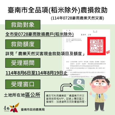 0728豪雨持續衝擊臺南市農產業 8月6日至8月19日受理現金救助...