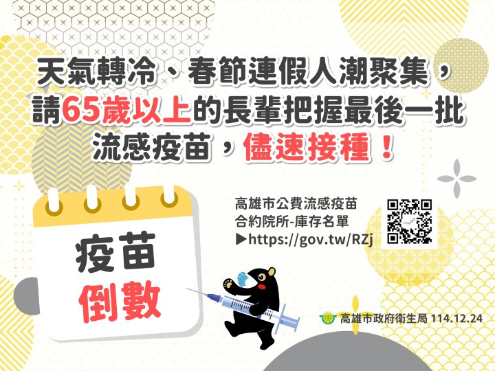 高雄市公費流感疫苗即將用罄  籲高風險族群儘速接種...