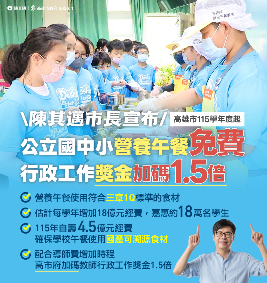 陳其邁宣布  115學年度起高市公立國中小營養午餐免費...