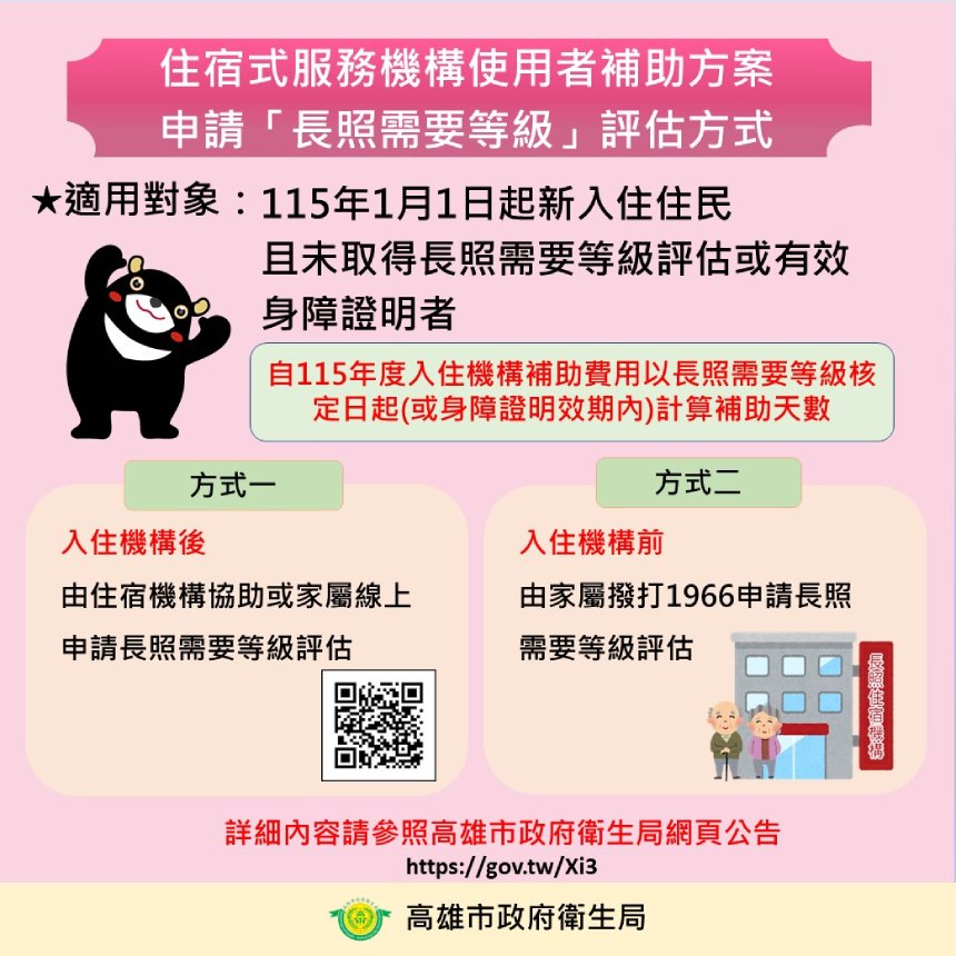 115年住宿式服務機構使用者補助方案新制上路  高市衛生局...