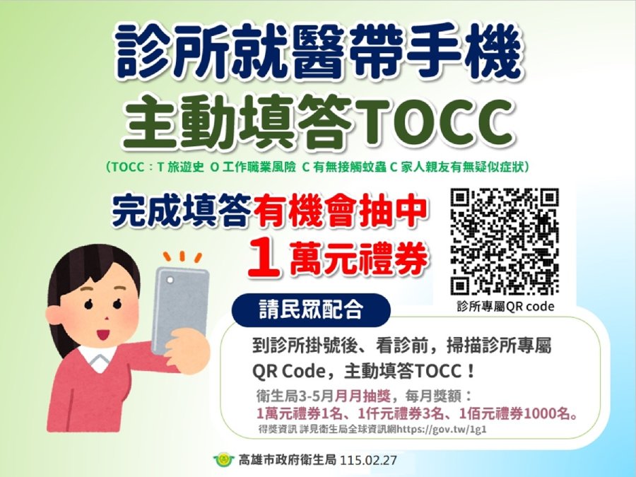 高雄診所就醫手機掃碼填答TOCC  防堵登革熱還能抽萬元禮券...