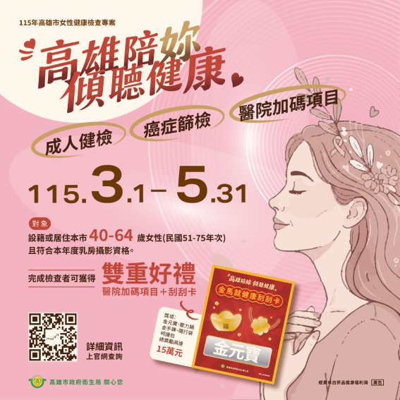三月婦女節全方位把關女性健康  高雄衛生局啟動婦女健檢...