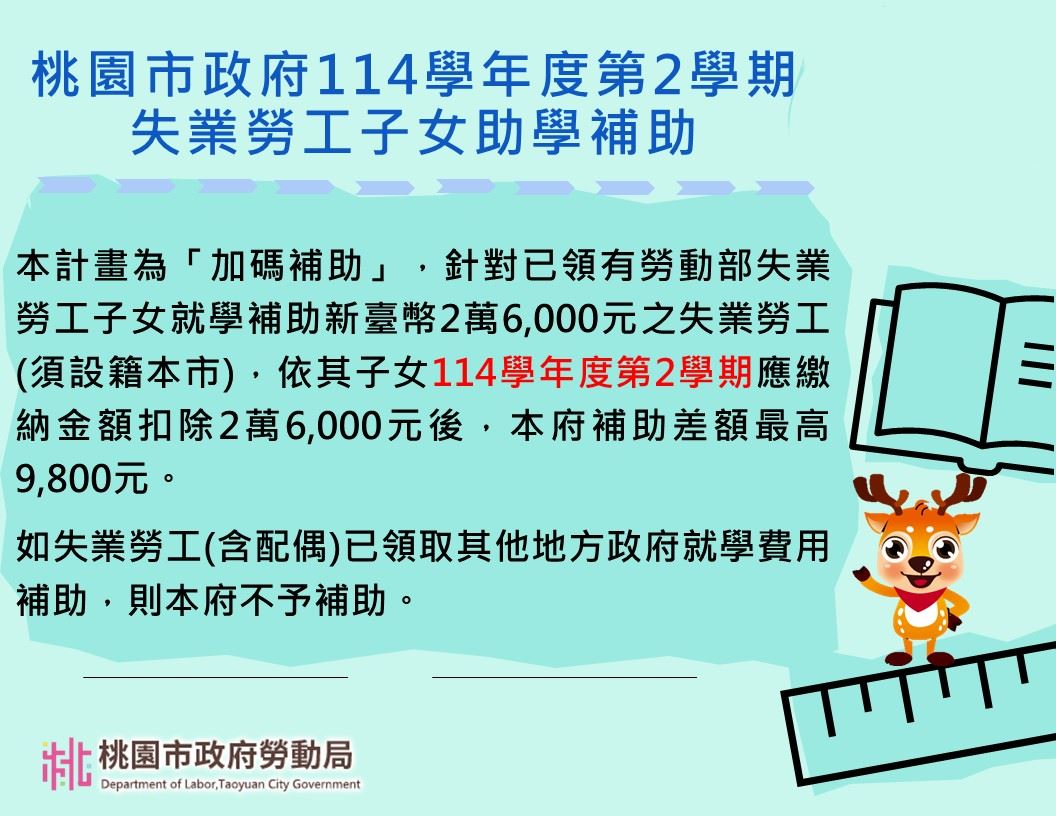 桃園市114學年度第2學期「失業勞工子女助學補助」開跑囉...