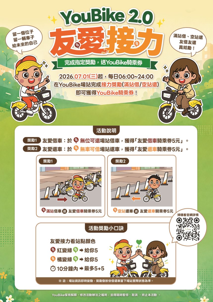 YouBike2.0友愛接力7月起擴大推動  全台皆適用...
