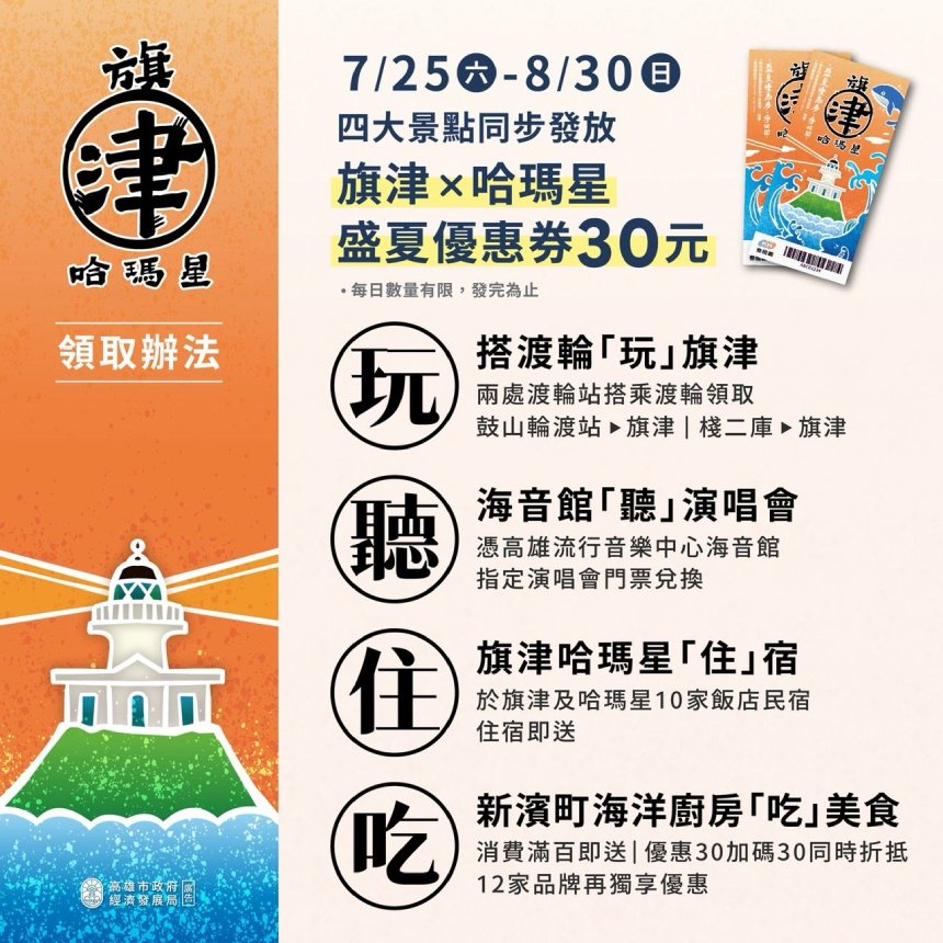 高雄「旗津X哈瑪星盛夏優惠券」7/25登場  搭船、聽歌、住宿、消費獲30元優惠券