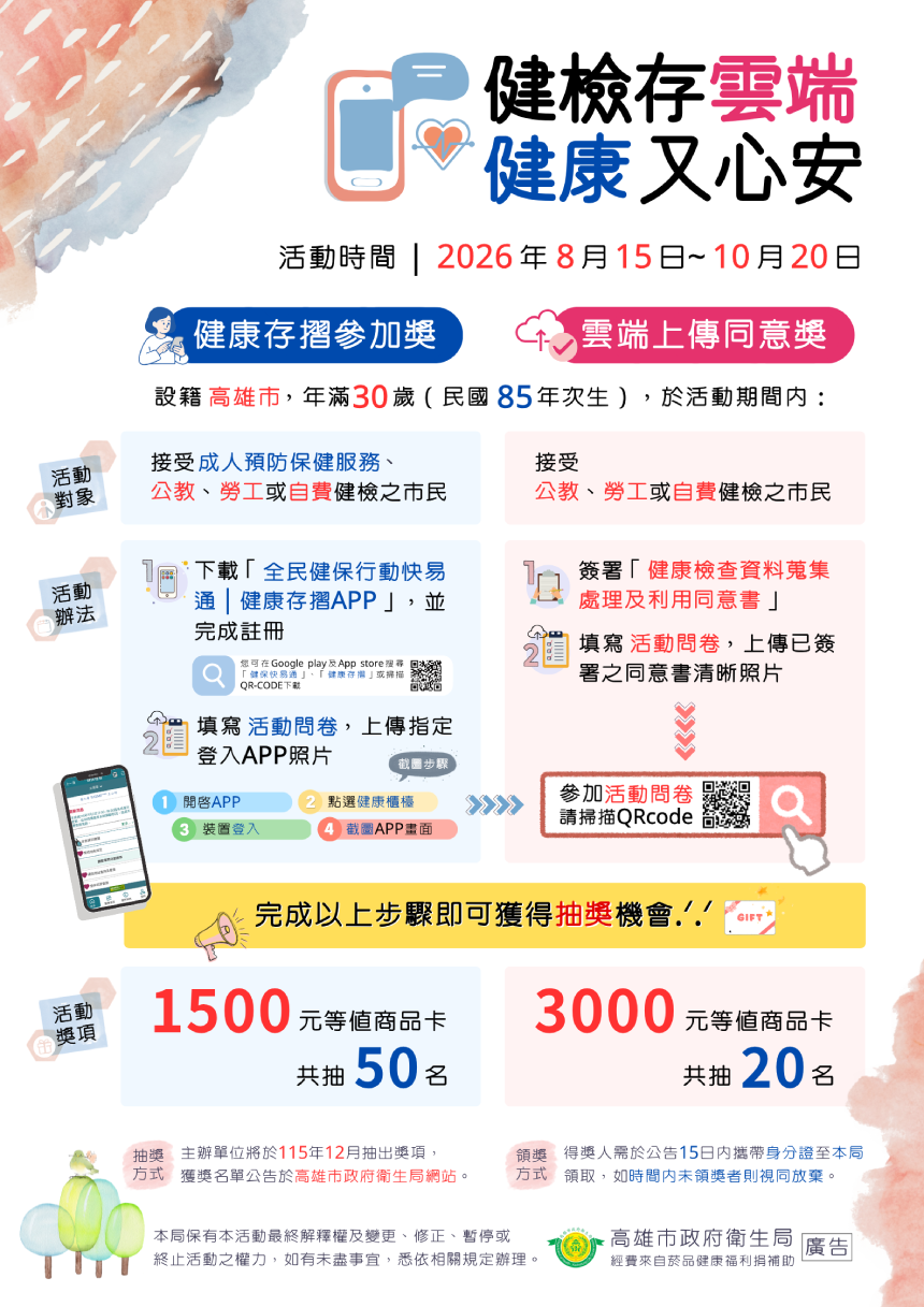 高市衛生局「健檢存雲端」抽獎8/15開跑  做完健檢下載健康存摺抽最高3,000元商品卡