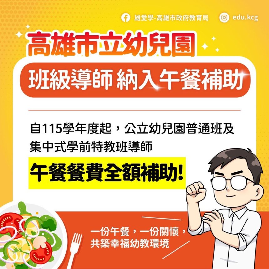 高雄持續加碼教育投資  115學年度起公幼班導師午餐全額補助